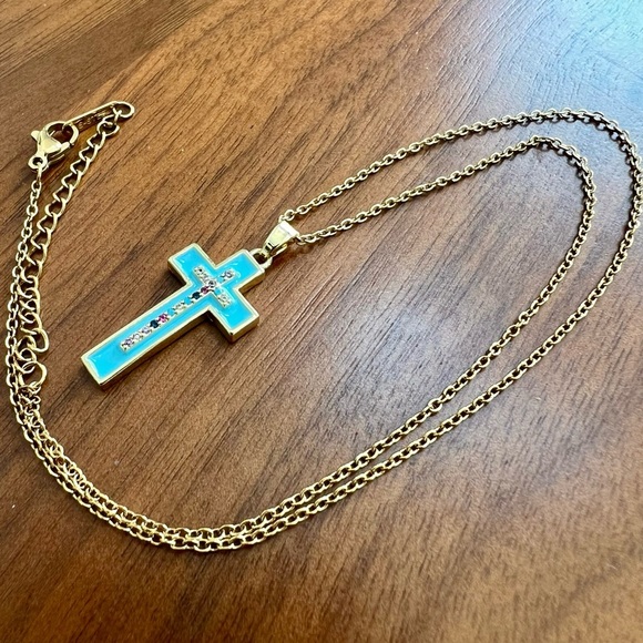 Gold and Blue Cross Rhinestone Pendant Necklace - Picture 3 of 3